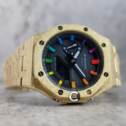 Casioak Mod Watch Frosted Gold Case Metal Strap Black Rainbow Time Mark Black Dial 44mm - Casioak Studio