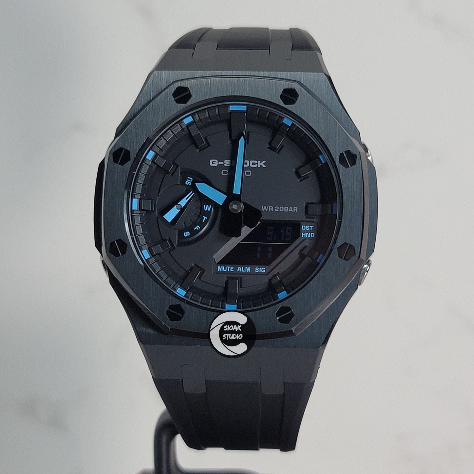 Casioak Mod Watch Black Case Black Rubber Strap Black Black Time Mark Black Dial Blue 44mm - Casioak Studio