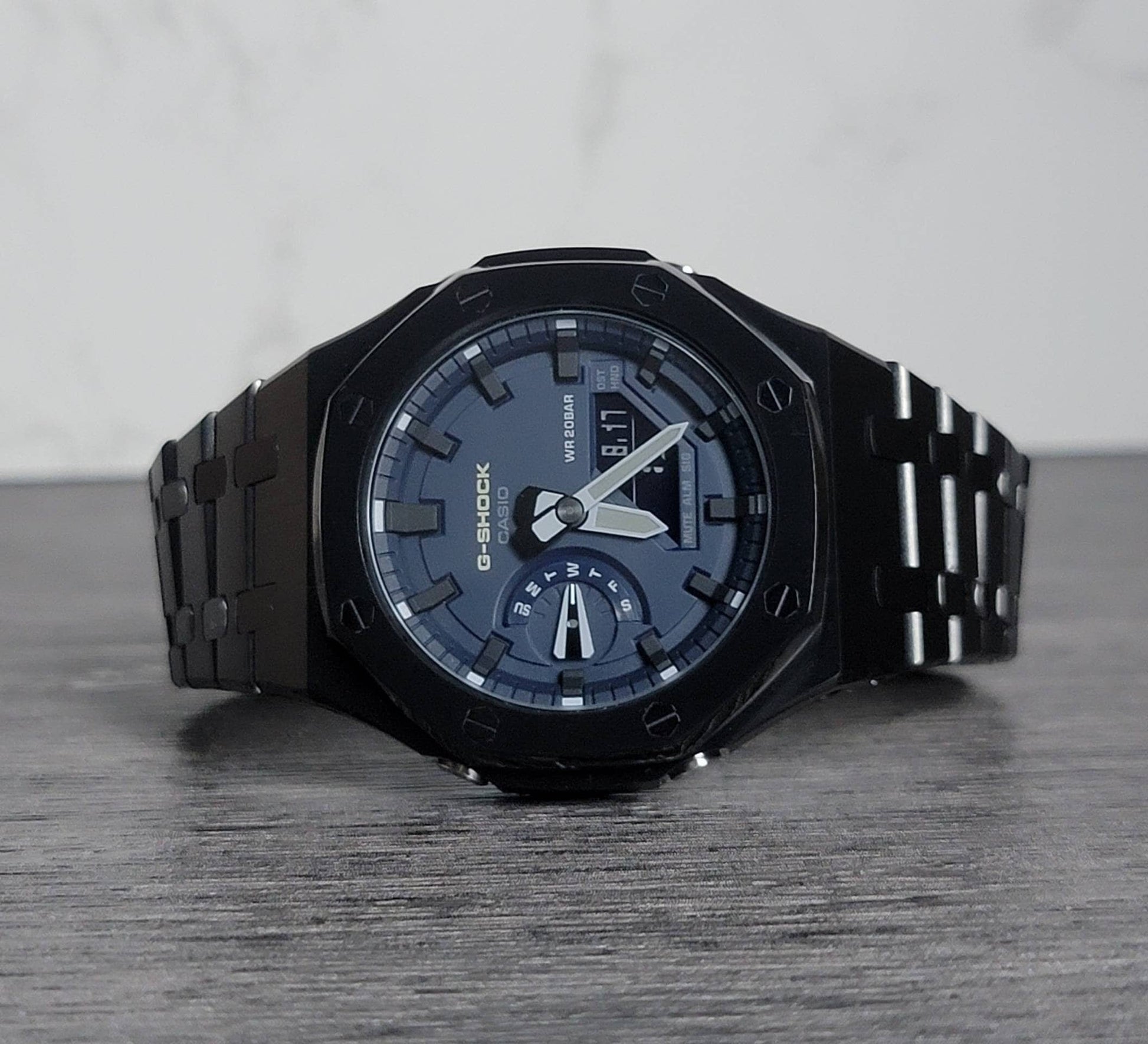 Casioak Mod Watch Black Case Metal Strap Blue Black Time Mark Blue Dial 44mm - Casioak Studio