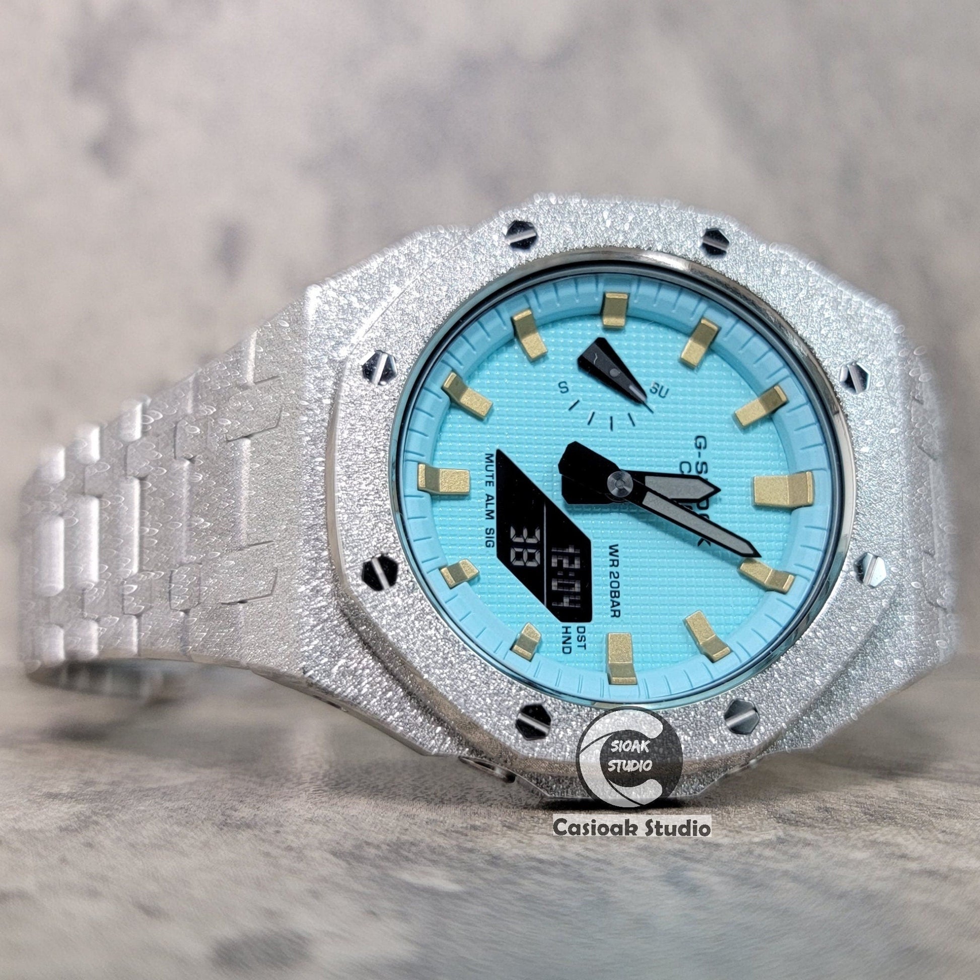 Casioak Mod Watch Frosted Silver Case Metal Strap Tiffany Gold Time Mark Tiffany Blue Dial 44mm - Casioak Studio