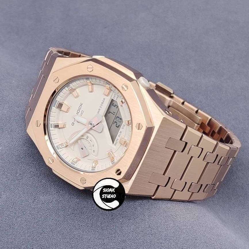 Casioak Mod Watch Rose Gold Case Metal Strap Beige Rose Gold Time Mark Beige Dial 42mm - Casioak Studio