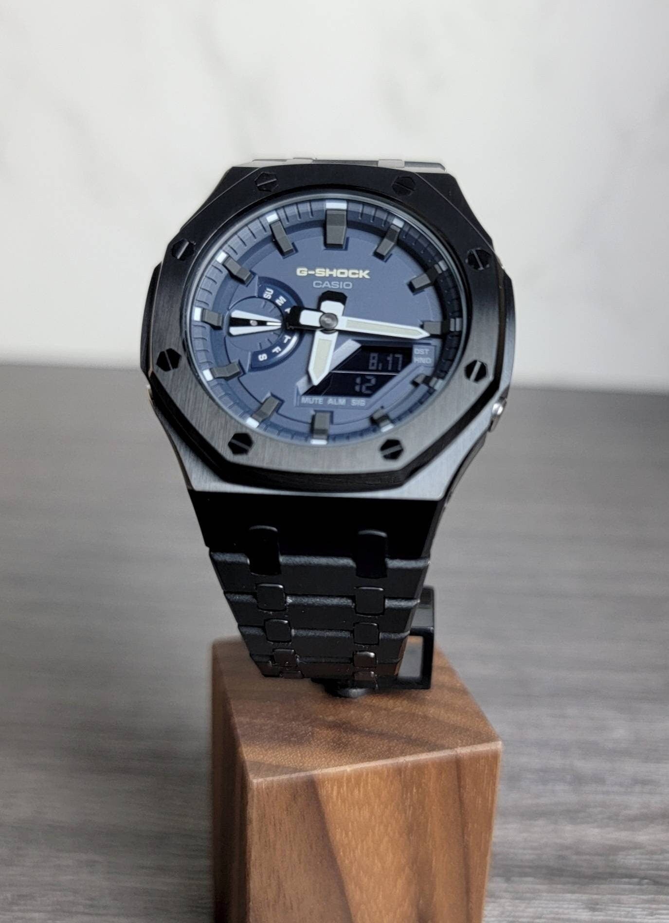 Casioak Mod Watch Black Case Metal Strap Blue Black Time Mark Blue Dial 44mm - Casioak Studio