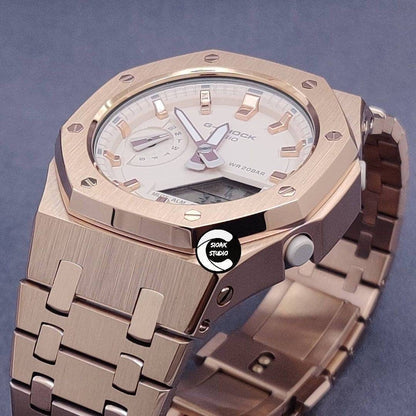 Casioak Mod Watch Rose Gold Case Metal Strap Beige Rose Gold Time Mark Beige Dial 42mm - Casioak Studio