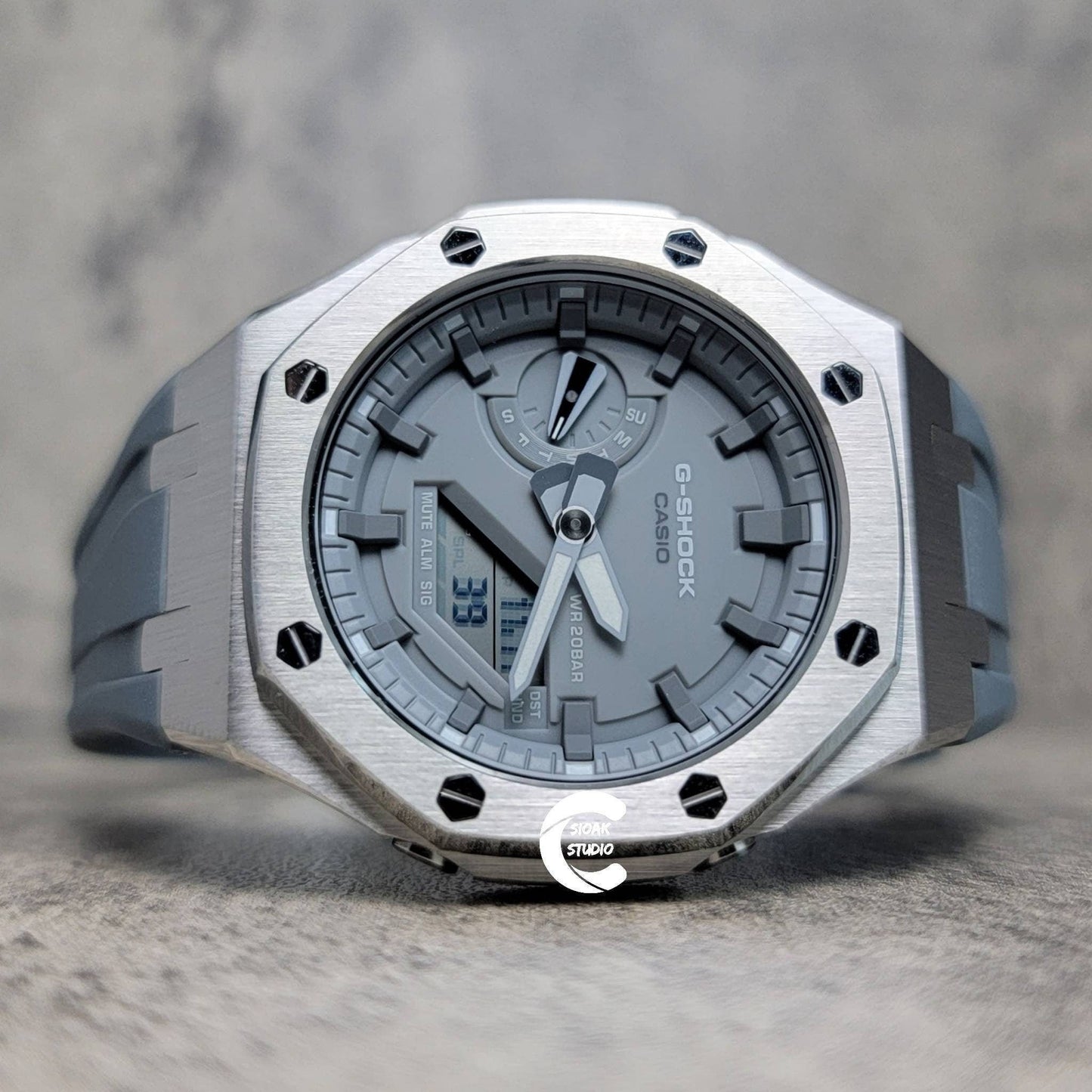 Casioak Mod Watch Silver Case Gray Rubber Strap Light Gray Time Mark Gray Dial 44mm - Casioak Studio