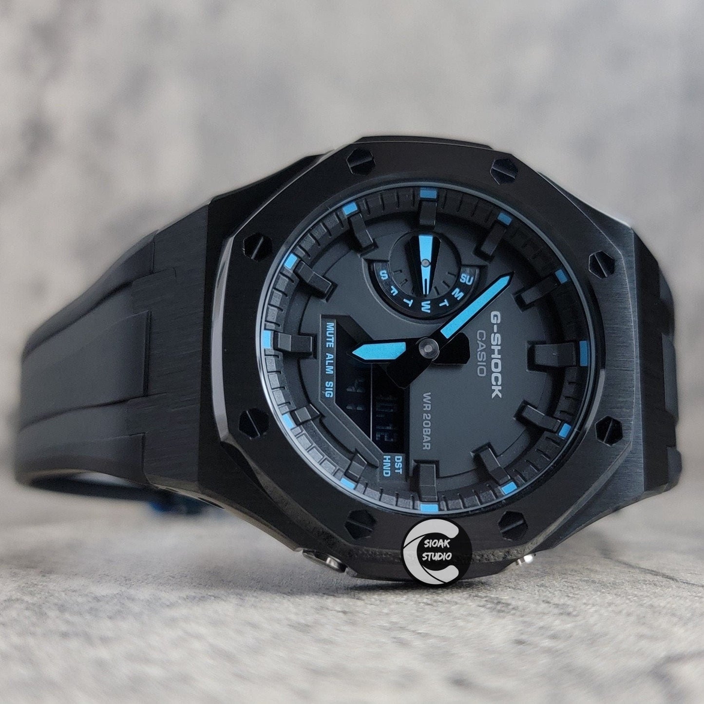 Casioak Mod Watch Black Case Black Rubber Strap Black Black Time Mark Black Dial Blue 44mm - Casioak Studio