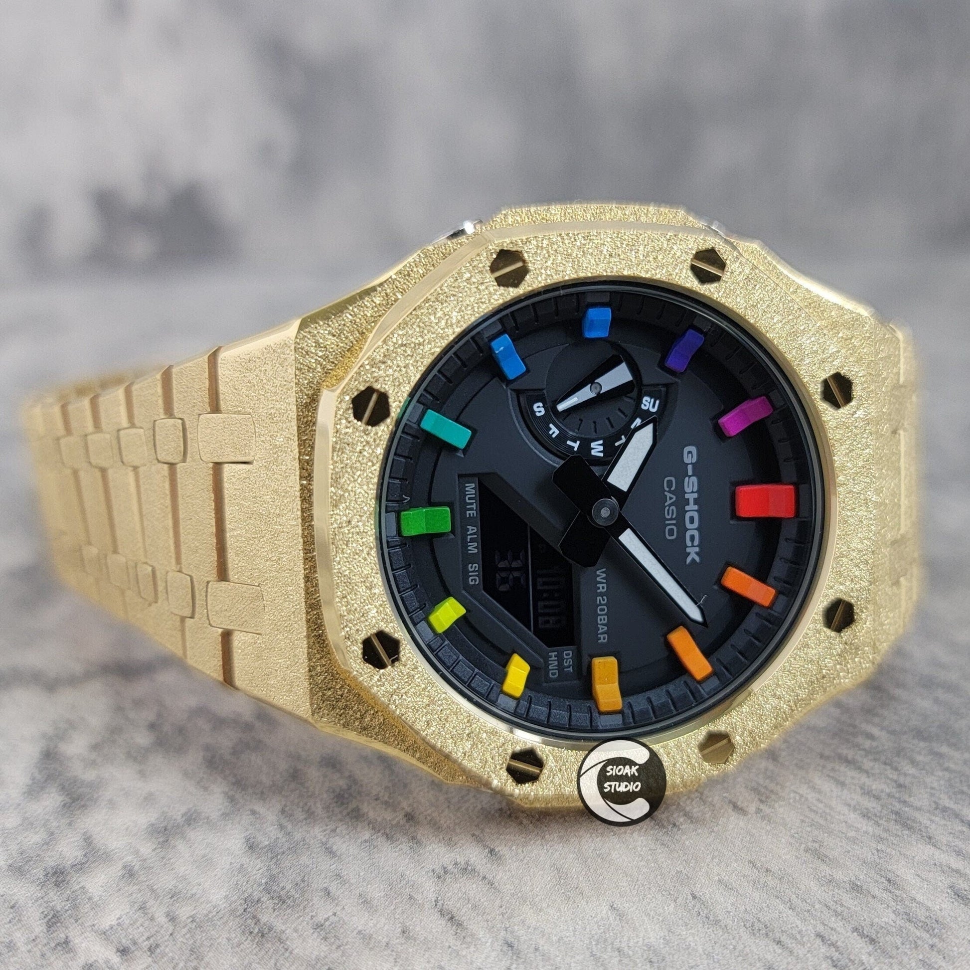 Casioak Mod Watch Frosted Gold Case Metal Strap Black Rainbow Time Mark Black Dial 44mm - Casioak Studio