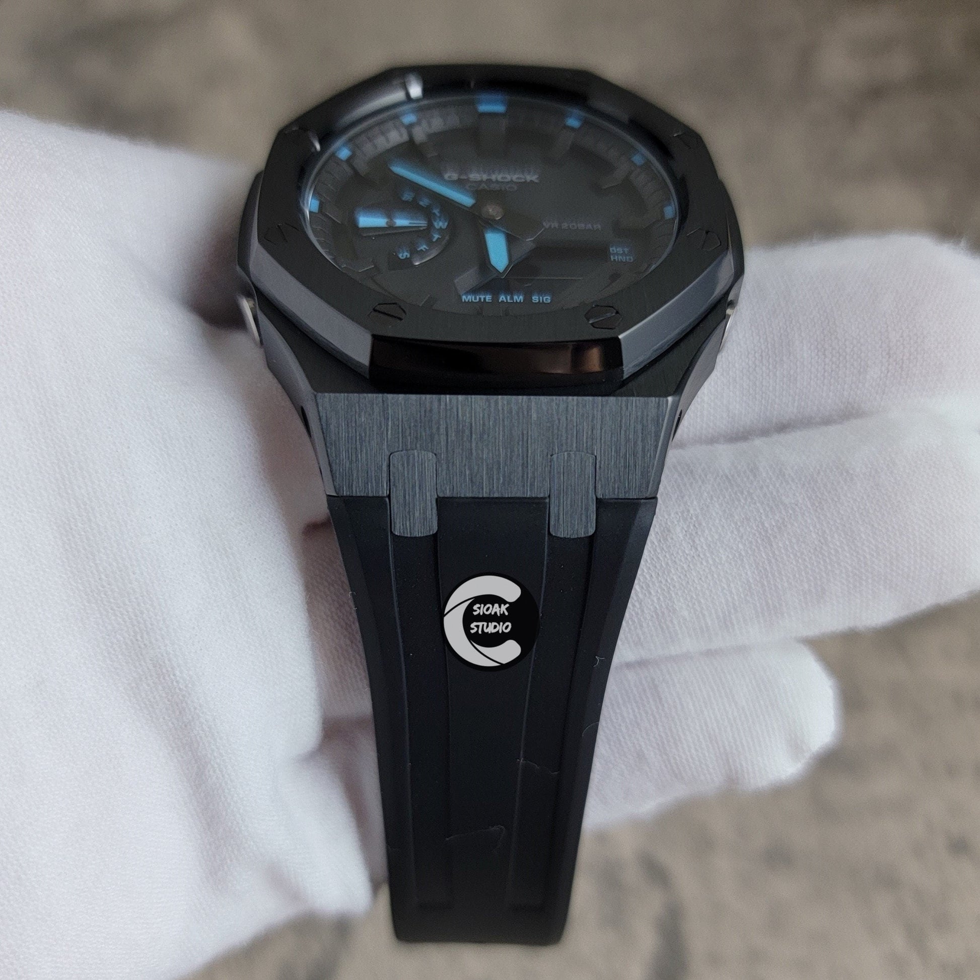 Casioak Mod Watch Black Case Black Rubber Strap Black Black Time Mark Black Dial Blue 44mm - Casioak Studio