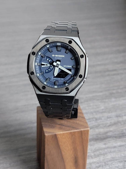 Casioak Mod Watch Black Case Metal Strap Blue Black Time Mark Blue Dial 44mm - Casioak Studio