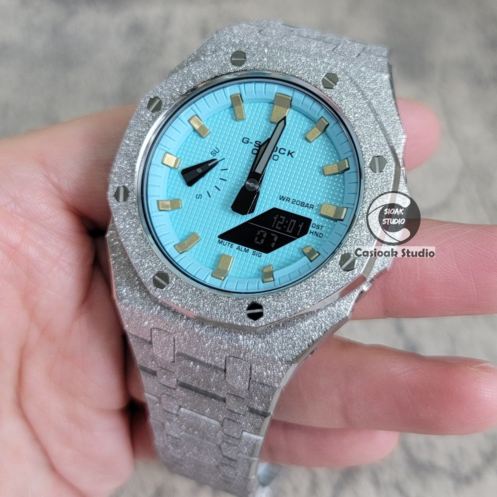 Casioak Mod Watch Frosted Silver Case Metal Strap Tiffany Gold Time Mark Tiffany Blue Dial 44mm - Casioak Studio