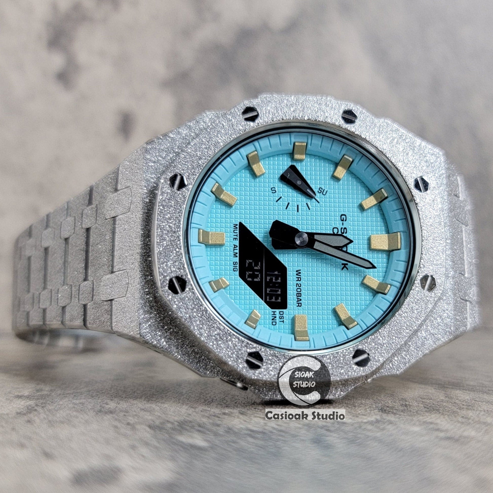 Casioak Mod Watch Frosted Silver Case Metal Strap Tiffany Gold Time Mark Tiffany Blue Dial 44mm - Casioak Studio