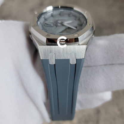 Casioak Mod Watch Silver Case Gray Rubber Strap Light Gray Time Mark Gray Dial 44mm - Casioak Studio