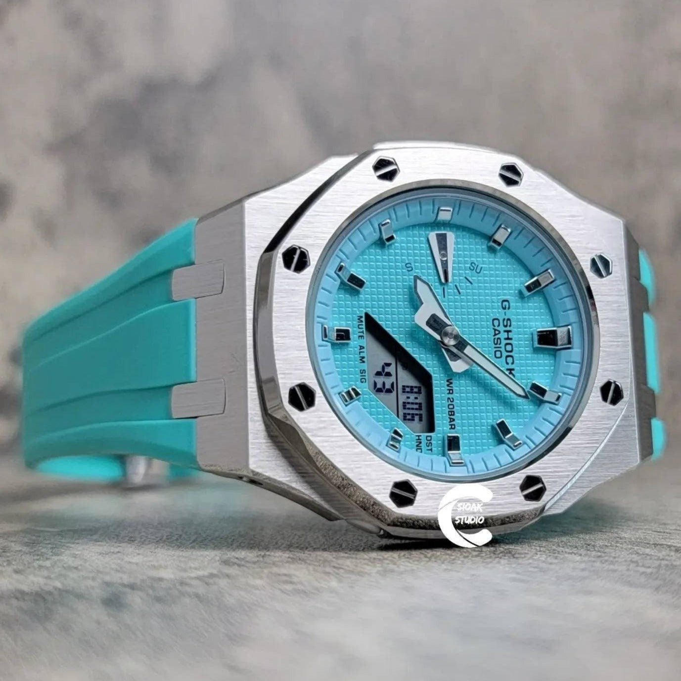 Casioak Mod Watch Silver Case Tiffany Rubber Strap Tiffany Silver Time Mark Tiffany Blue Dial 42mm - Casioak Studio