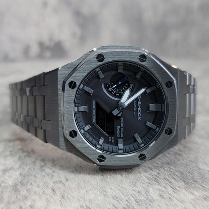 Casioak Mod Watch Solar Bluetooth Gray Case Metal Strap Black Gray Time Mark Black Dial 44mm G SHOCK CUSTOM - Casioak Studio