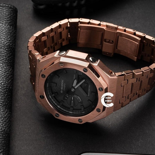 Casioak Mod Watch Rose Gold Case Metal Strap Black Time Mark Black Dial 44mm - Casioak Studio