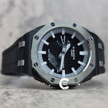 Casioak Mod Watch Offshore Superior Silver Black Case Black Rubber Strap Gray White Time Mark Black Waffle Dial 44mm - Casioak Studio