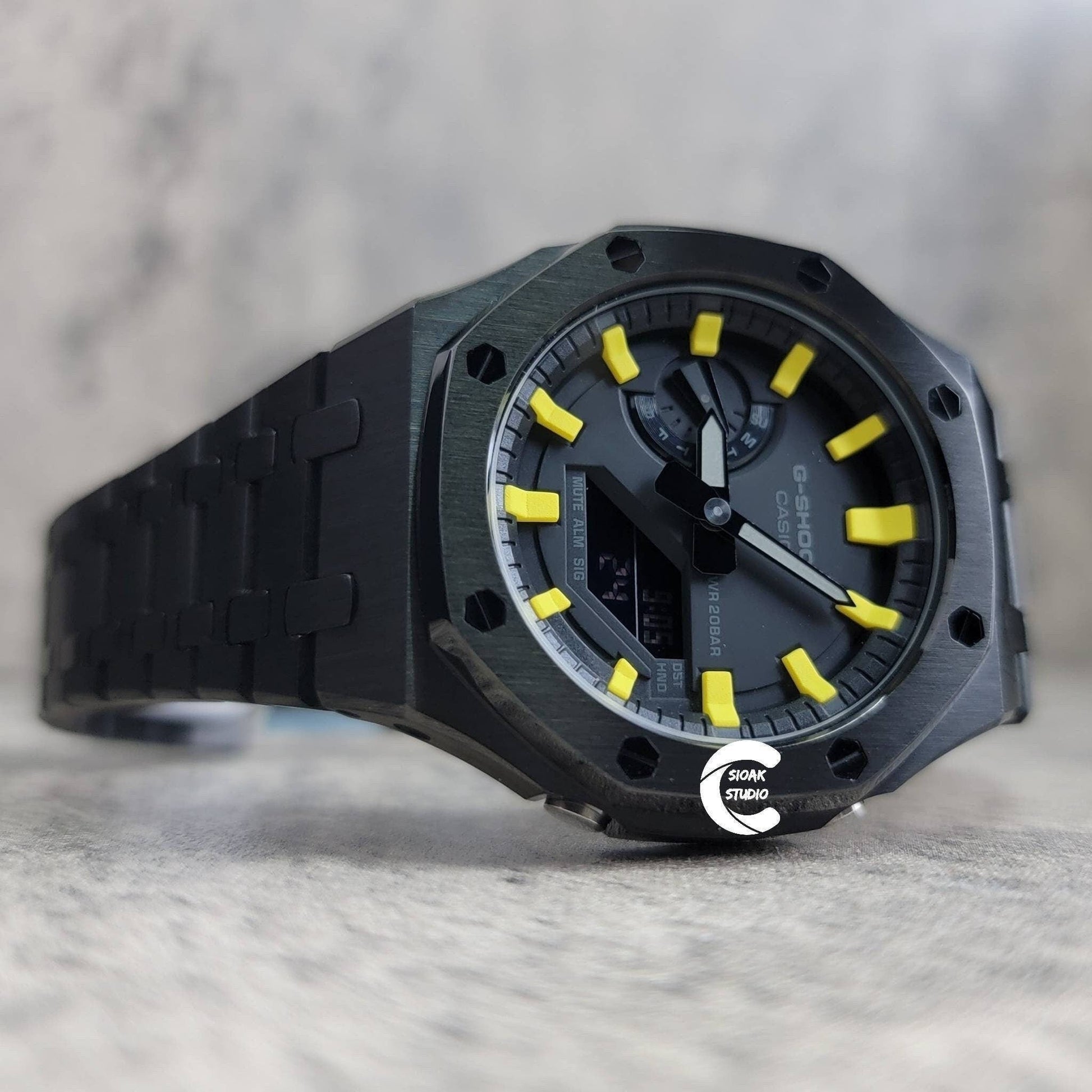 Casioak Mod Watch Black Case Metal Strap Black Yellow Time Mark Black Dial 44mm - Casioak Studio