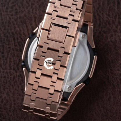 Casioak Mod Watch Rose Gold Case Metal Strap Black Time Mark Black Dial 44mm - Casioak Studio