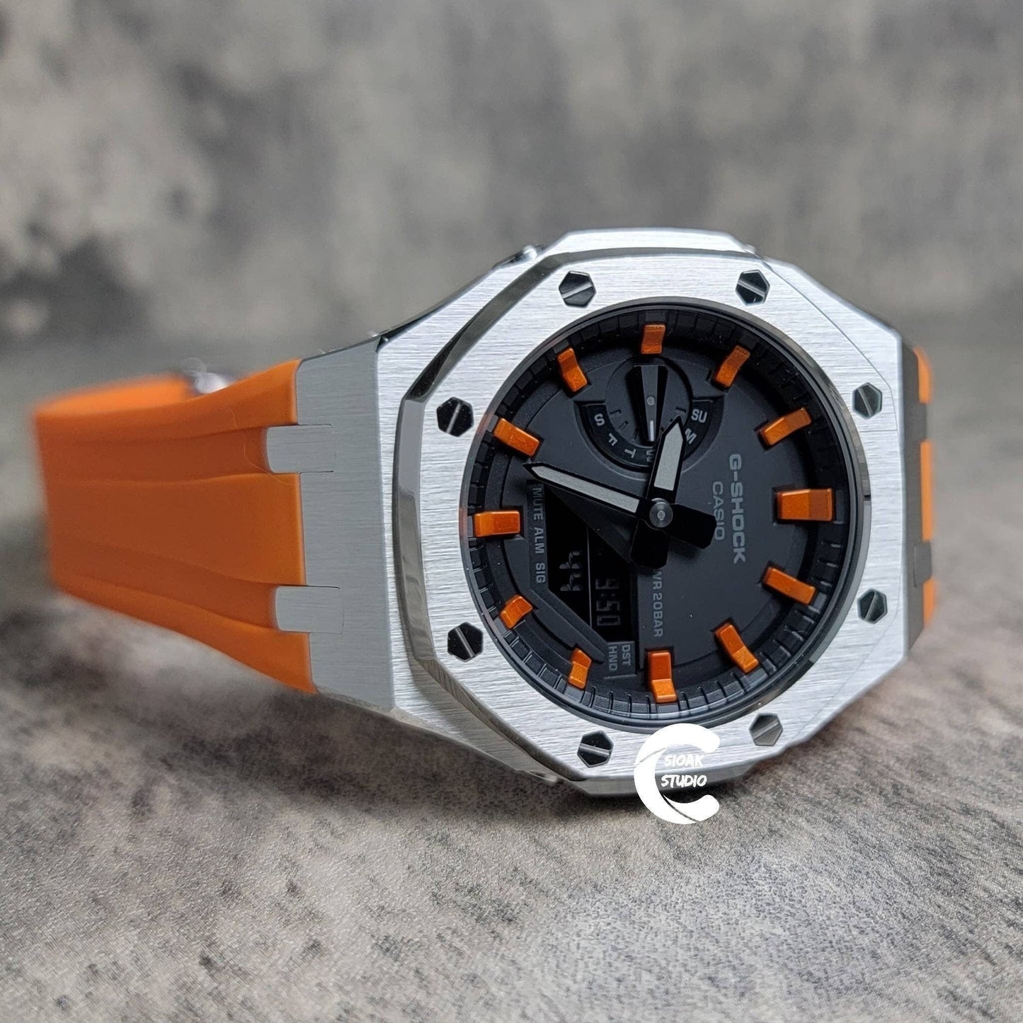 Casioak Mod Watch Black Case Orange Rubber Strap Black  Orange Time Mark Black Dial 44mm - Casioak Studio