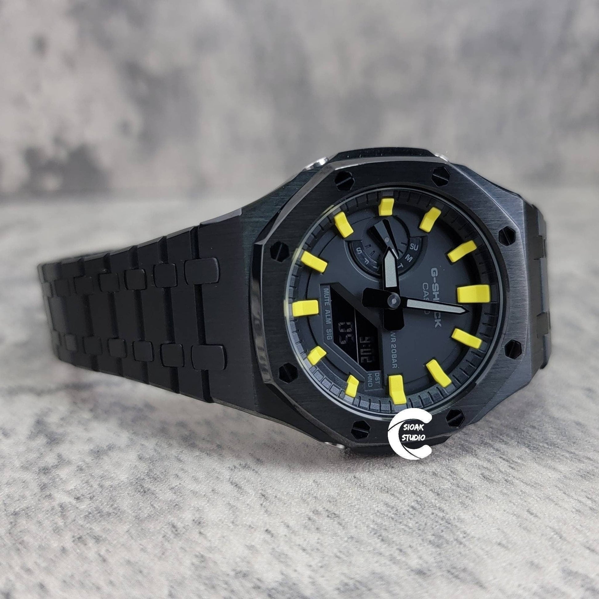 Casioak Mod Watch Black Case Metal Strap Black Yellow Time Mark Black Dial 44mm - Casioak Studio