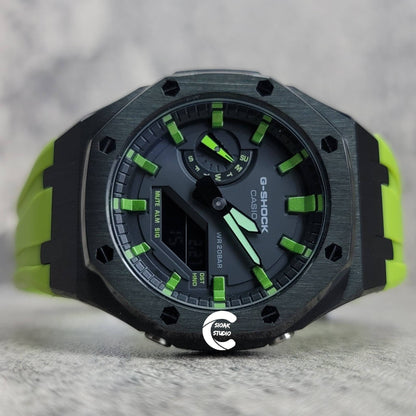 Casioak Mod Watch Black Case Green Rubber Strap Black  Green Time Mark Black Dial 44mm - Casioak Studio