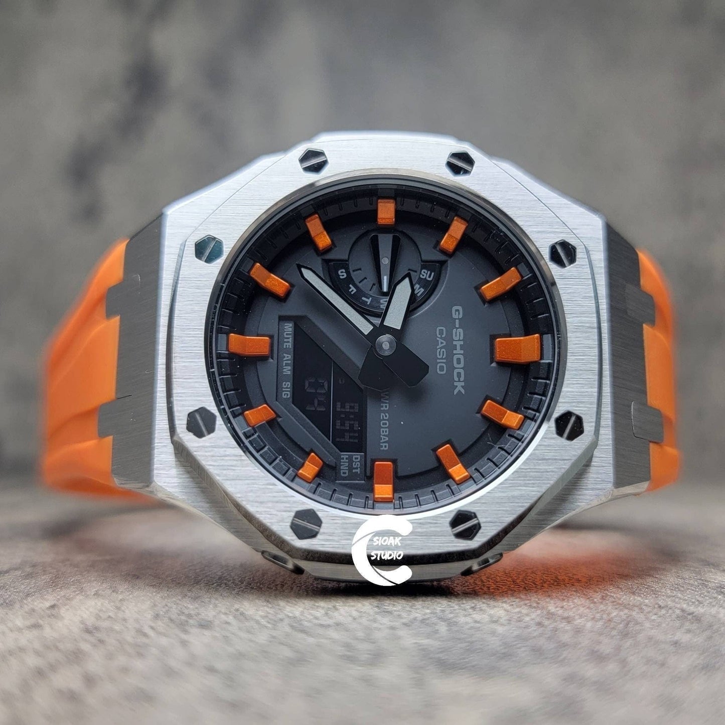 Casioak Mod Watch Black Case Orange Rubber Strap Black  Orange Time Mark Black Dial 44mm - Casioak Studio