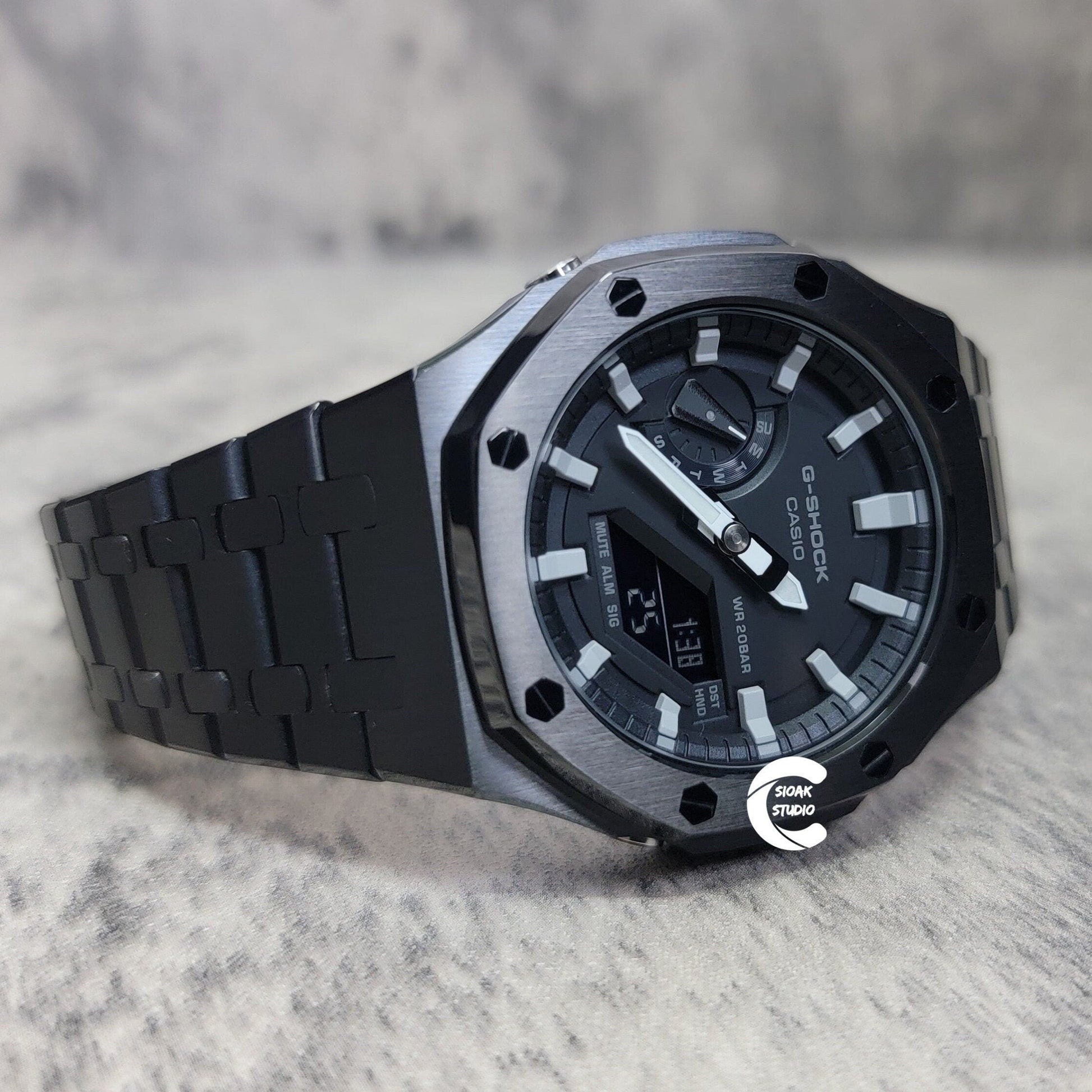 Casioak Mod Watch Black Case Mteal Rubber Strap Black Light Gray Time Mark Black Dial 44mm - Casioak Studio