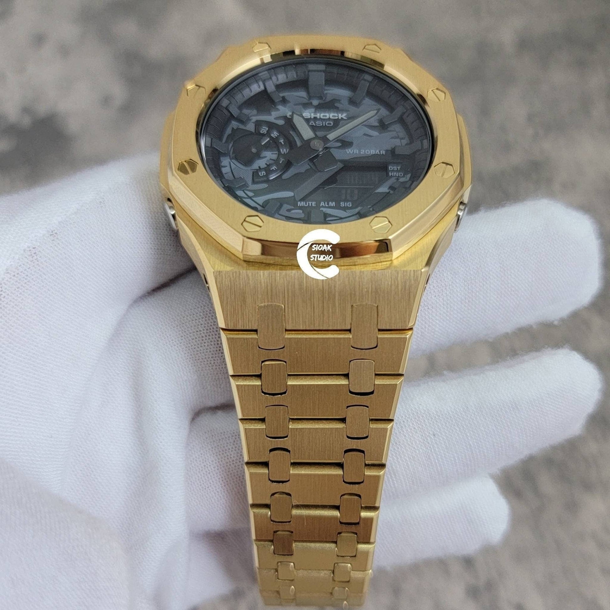 Casioak Mod Watch Gold Case Metal Strap Black Time Mark Camouflage Dial 44mm - Casioak Studio