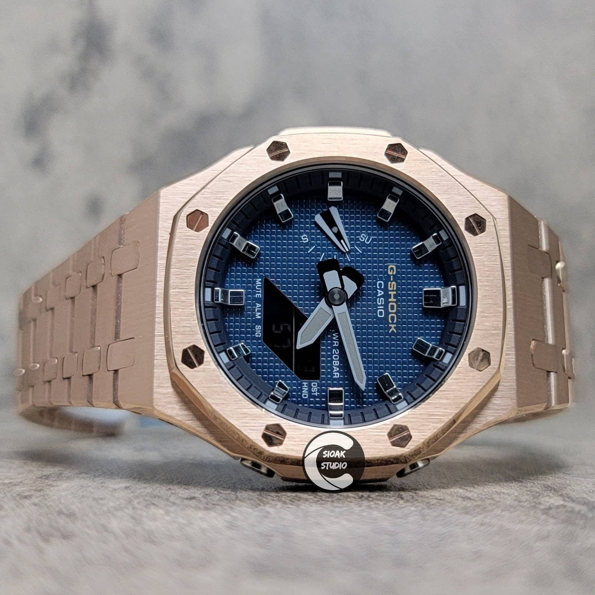 Casioak Mod Watch Rose Gold Case Metal Strap Blue Silver Time Mark Blue Dial 44mm - Casioak Studio