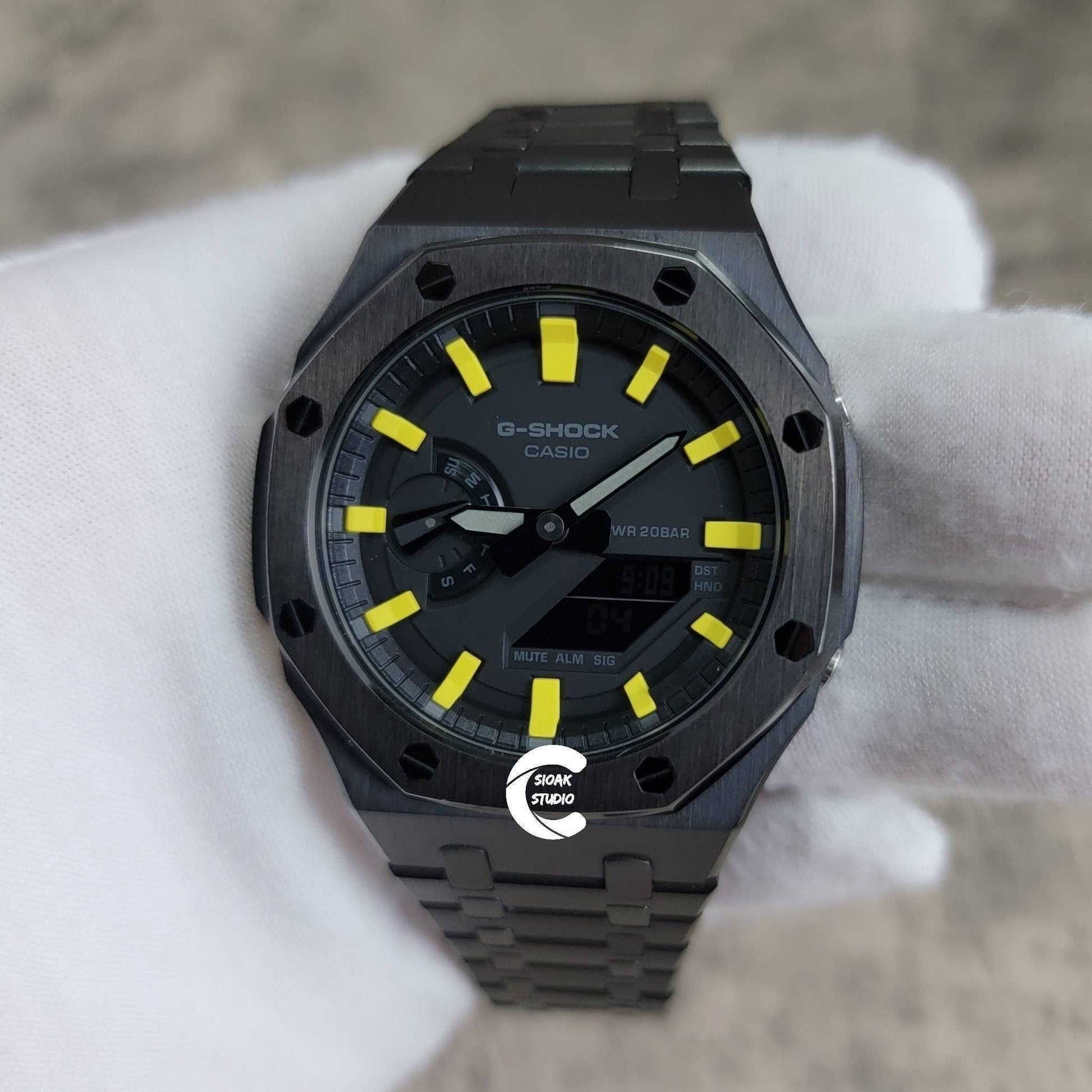 Casioak Mod Watch Black Case Metal Strap Black Yellow Time Mark Black Dial 44mm - Casioak Studio