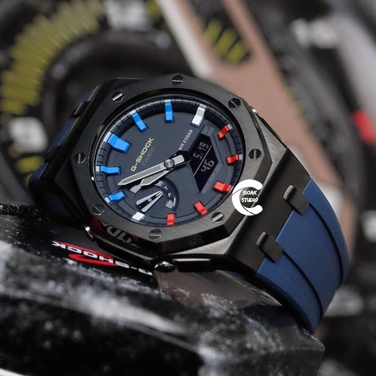 Casioak Mod Watch Offshore Superior Black Case Blue Rubber Rubber Strap Blue Rainbow Time Mark Blue Dial 44mm - Casioak Studio