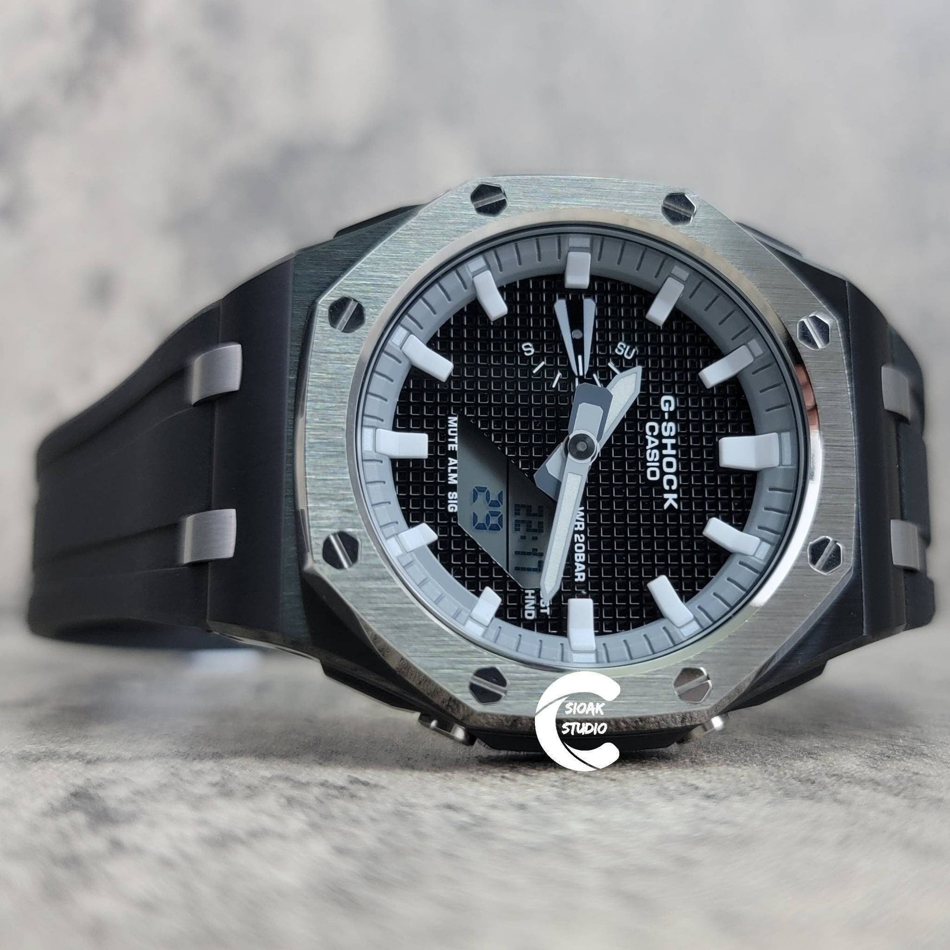 Casioak Mod Watch Offshore Superior Silver Black Case Black Rubber Strap Gray White Time Mark Black Waffle Dial 44mm - Casioak Studio