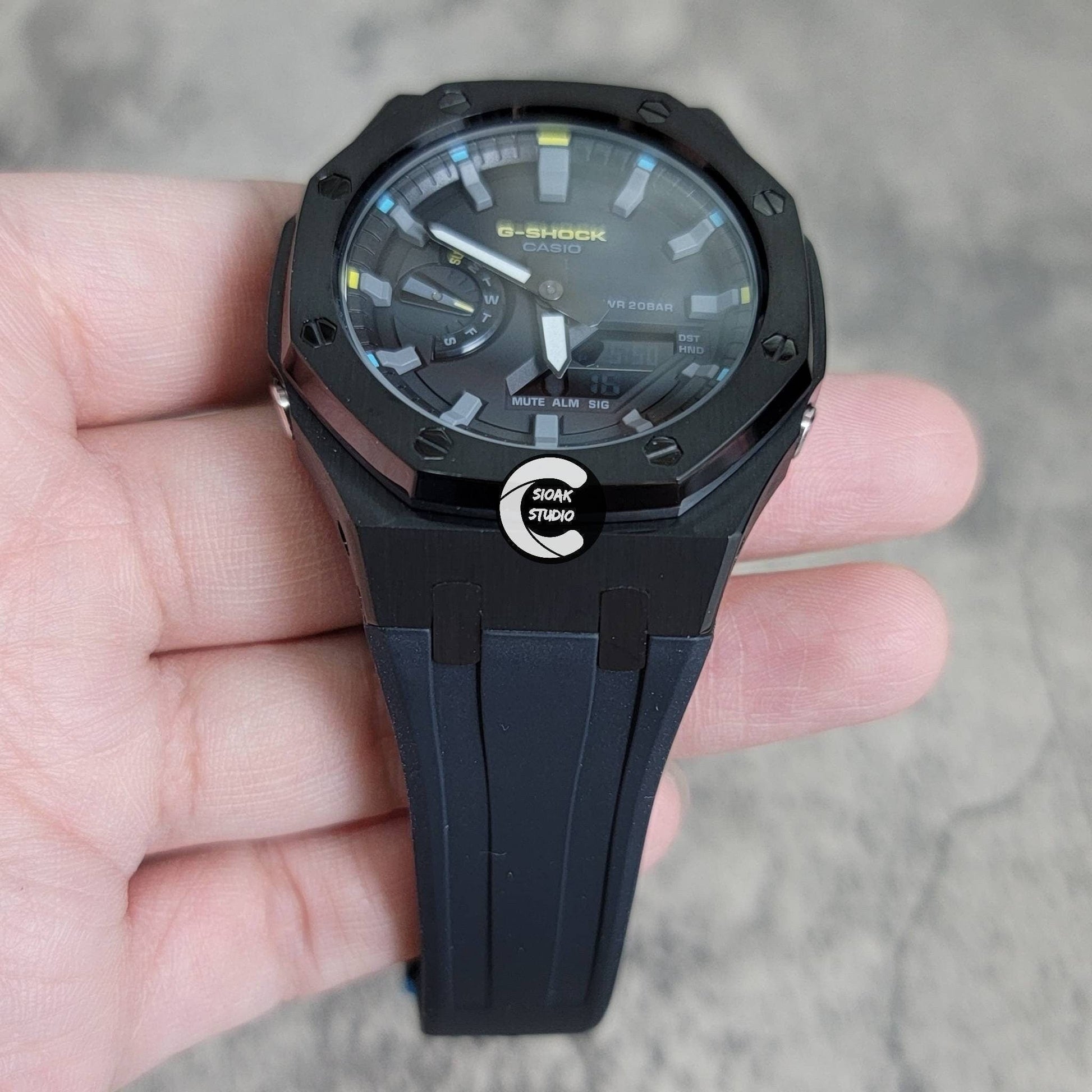 Casioak Mod Watch Black Case Black Rubber Strap Black Gray Time Mark Black Dial 44mm - Casioak Studio