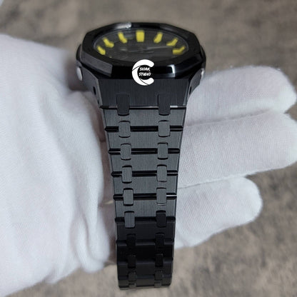 Casioak Mod Watch Black Case Metal Strap Black Yellow Time Mark Black Dial 44mm - Casioak Studio