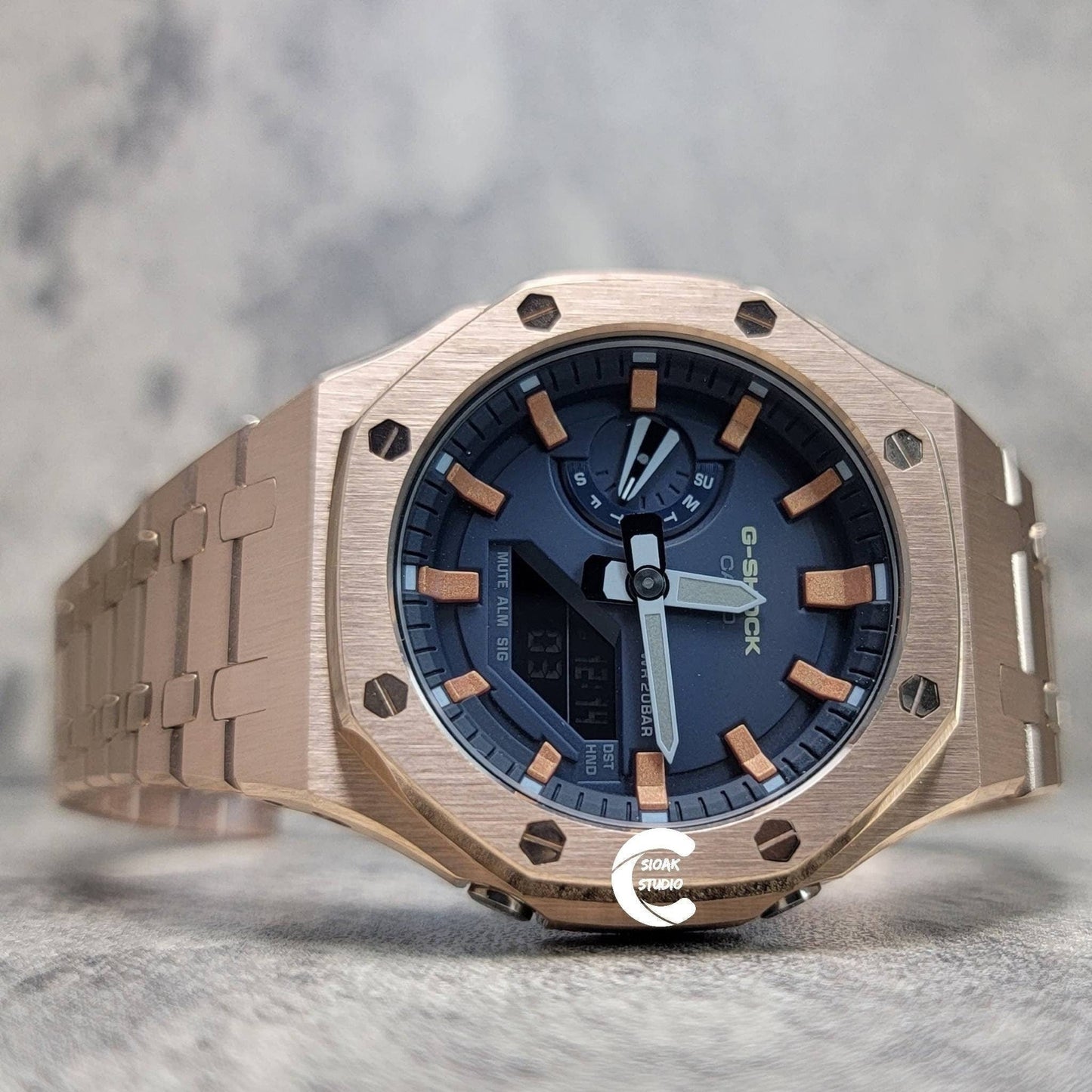 Casioak Mod Watch Rose Gold Case Metal Strap Blue Rose Gold Time Mark Blue Dial 44mm - Casioak Studio