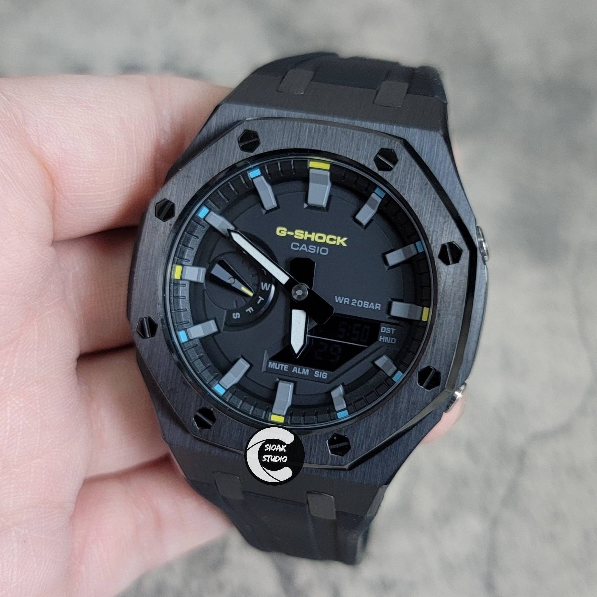 Casioak Mod Watch Black Case Black Rubber Strap Black Gray Time Mark Black Dial 44mm - Casioak Studio