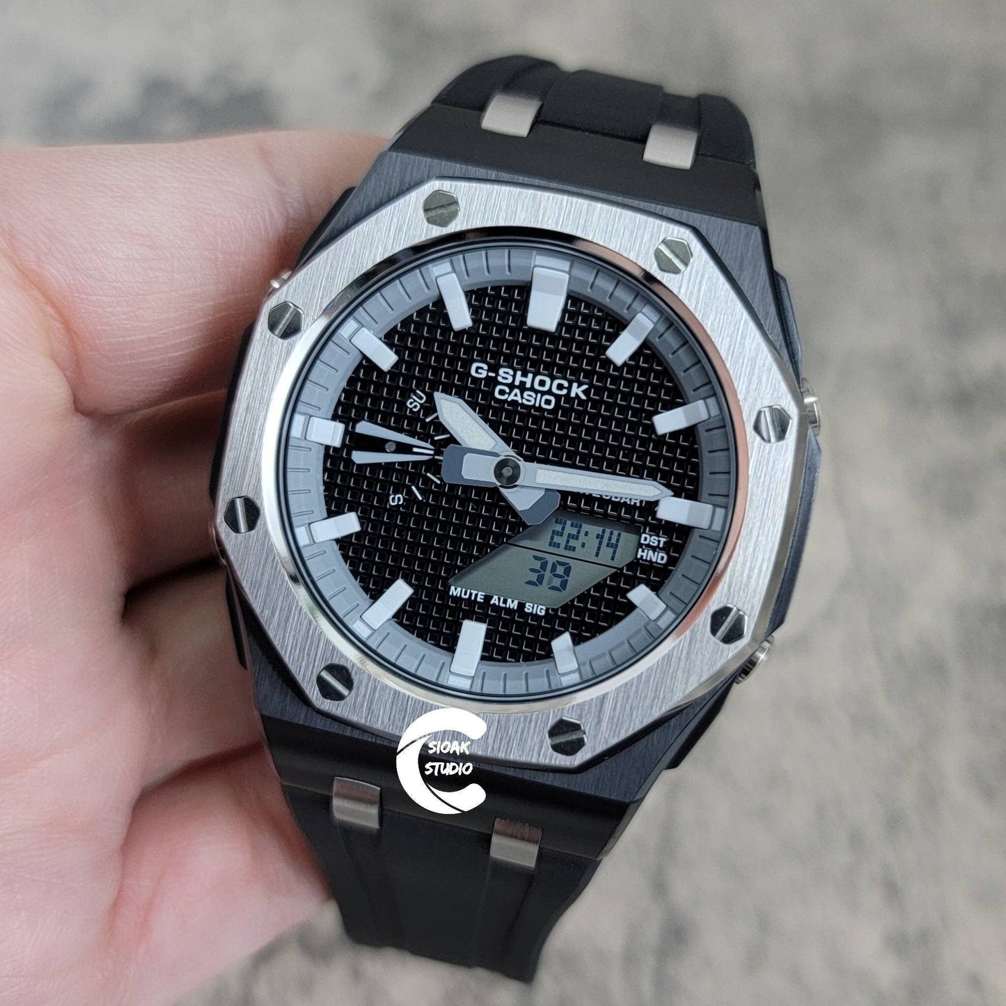 Casioak Mod Watch Offshore Superior Silver Black Case Black Rubber Strap Gray White Time Mark Black Waffle Dial 44mm - Casioak Studio