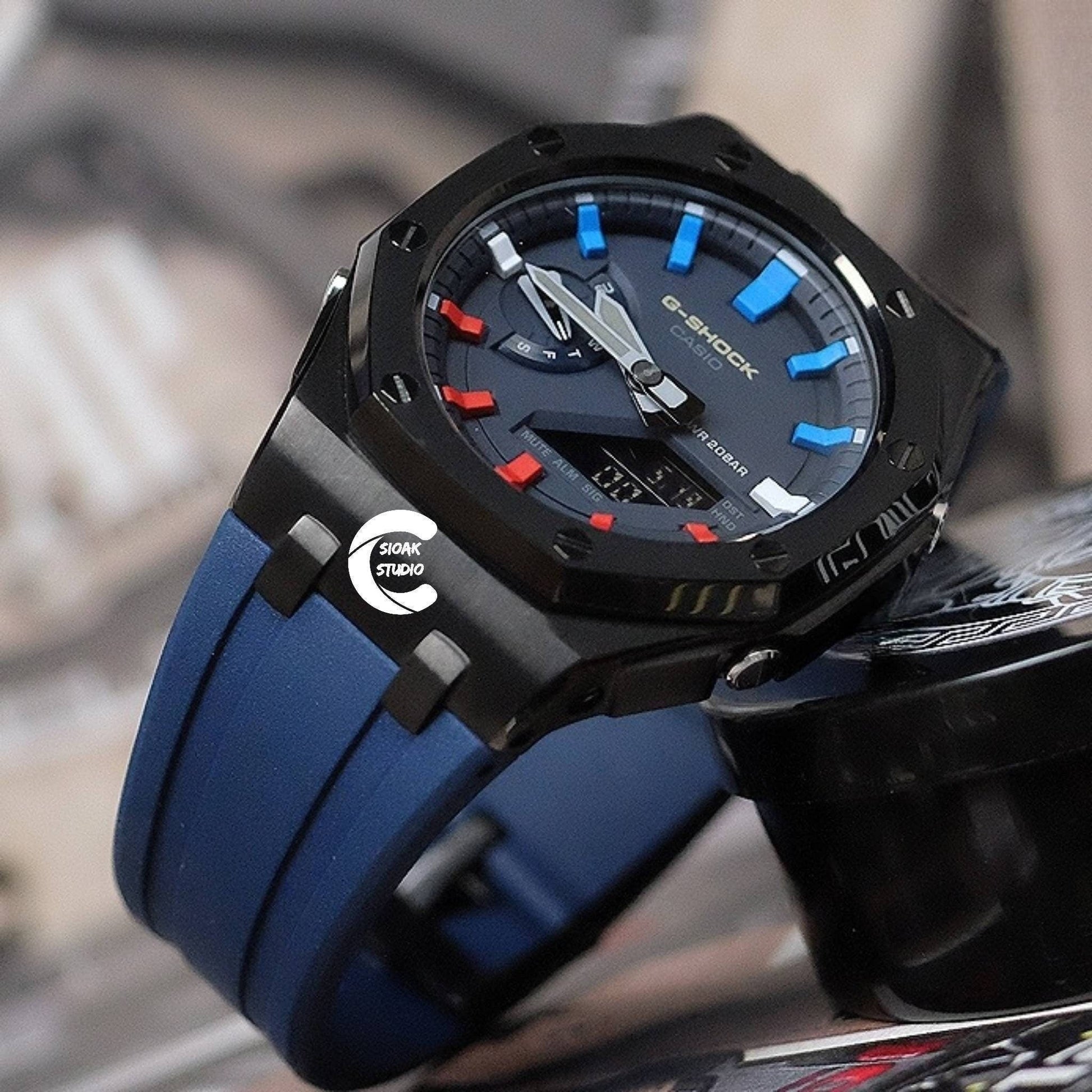 Casioak Mod Watch Offshore Superior Black Case Blue Rubber Rubber Strap Blue Rainbow Time Mark Blue Dial 44mm - Casioak Studio