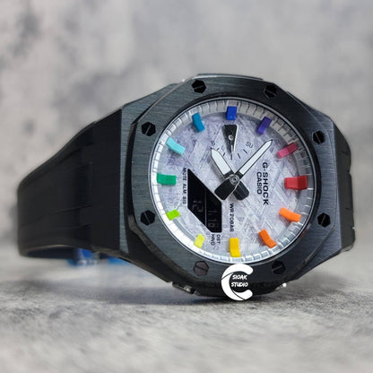 Casioak Mod Watch Black Case Black Rubber Strap Silver Rainbow Time Mark Meteorite Dial 44mm - Casioak Studio