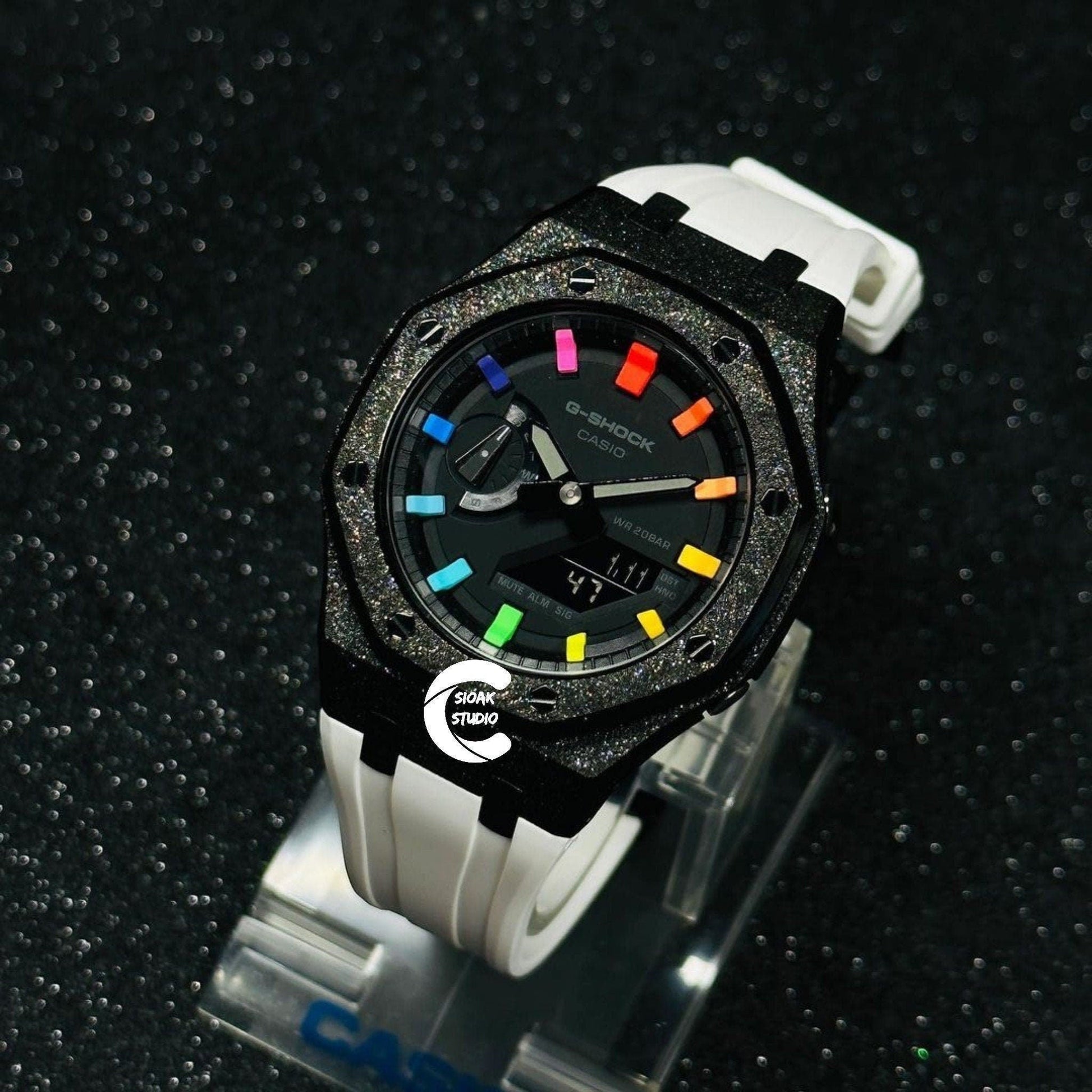 Casioak Mod Watch Frosted Black Case White Strap Black Rainbow Time Mark Black Dial 44mm     Men - Casioak Studio