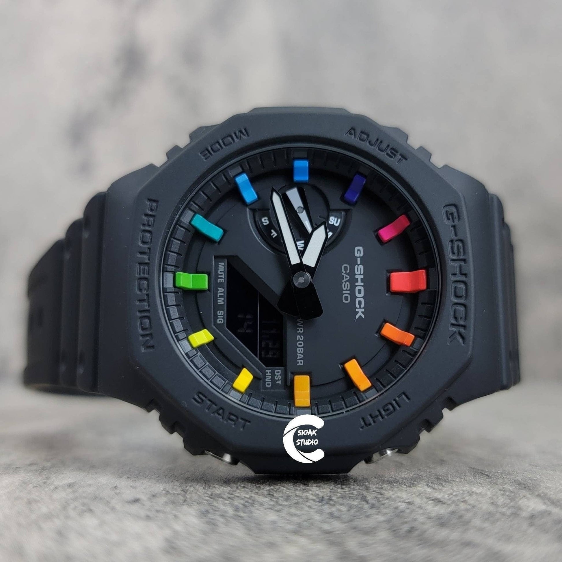 Casioak Mod Watch Black Plastic Case Black Strap Black Rainbow Time Mark Black Dial 44mm - Casioak Studio