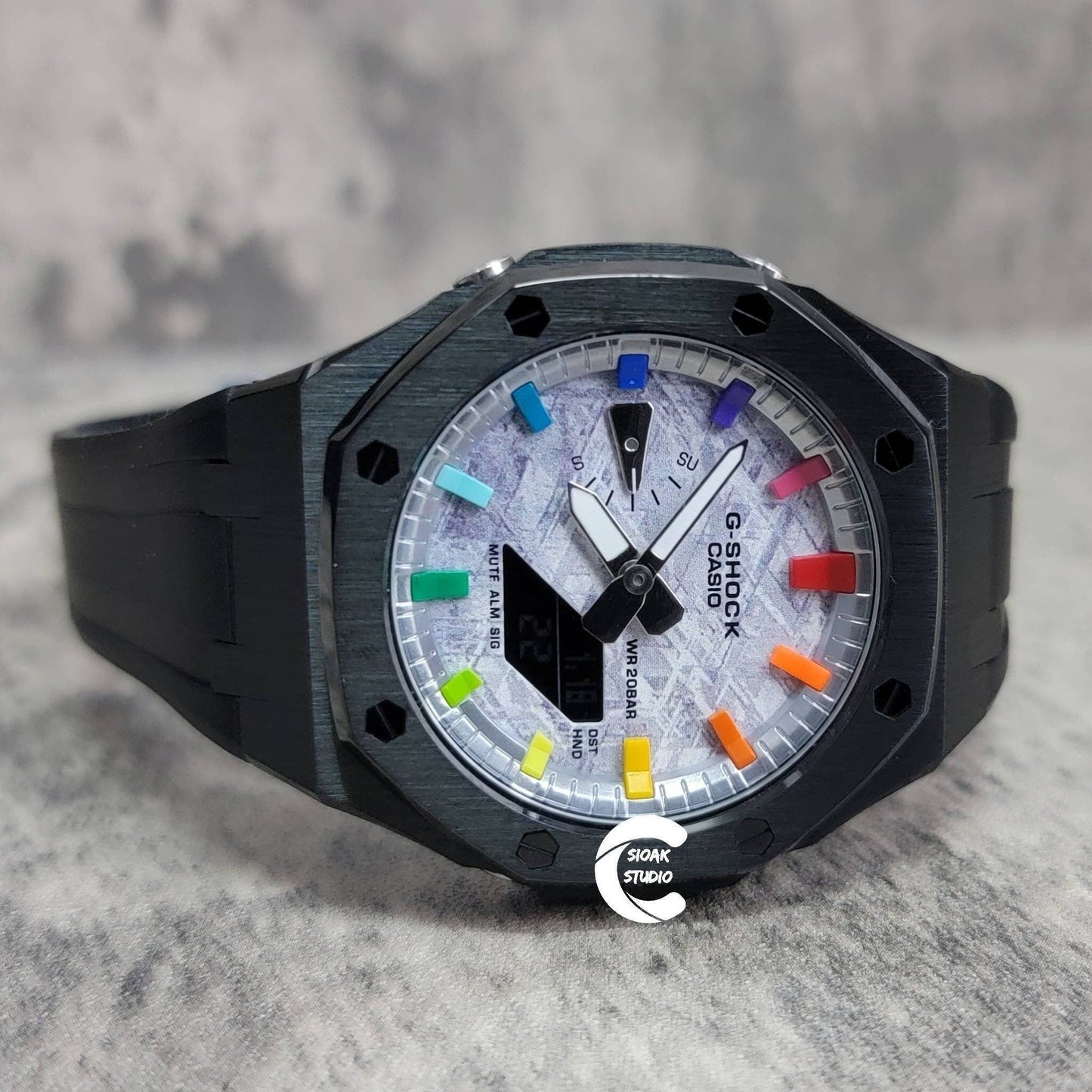 Casioak Mod Watch Black Case Black Rubber Strap Silver Rainbow Time Mark Meteorite Dial 44mm - Casioak Studio