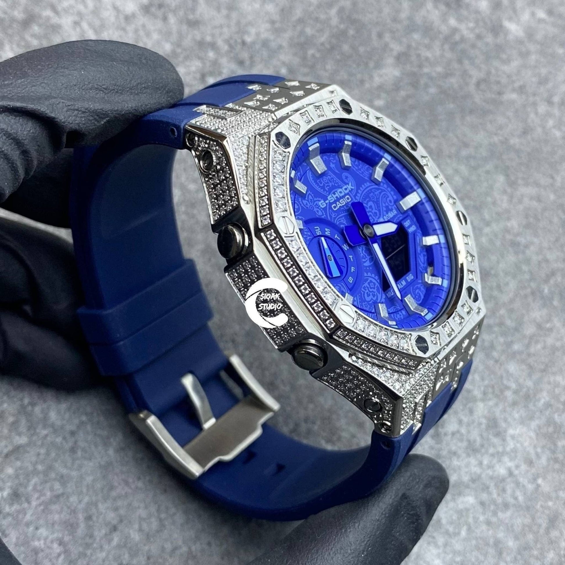 Casioak Mod Watch Diamond Silver Case Blue Strap Blue Silver Time Mark Blue Dial 44mm - Casioak Studio