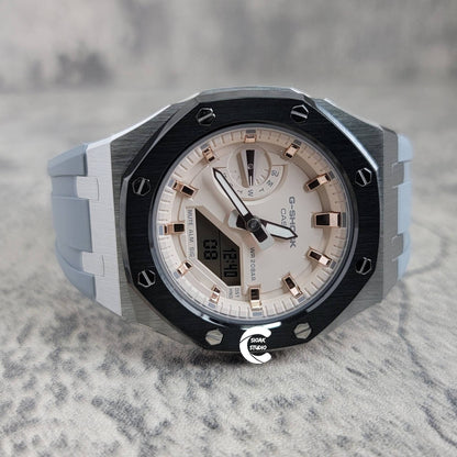 Casioak Mod Watch Black Silver Case Gray Rubber Strap Beige Rose Gold Time Mark Beige Dial 42mm Custom G-SHOCK Birthday Gifts Anniversary - Casioak Studio