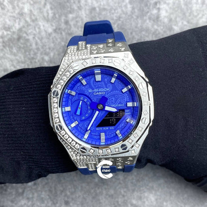 Casioak Mod Watch Diamond Silver Case Blue Strap Blue Silver Time Mark Blue Dial 44mm - Casioak Studio