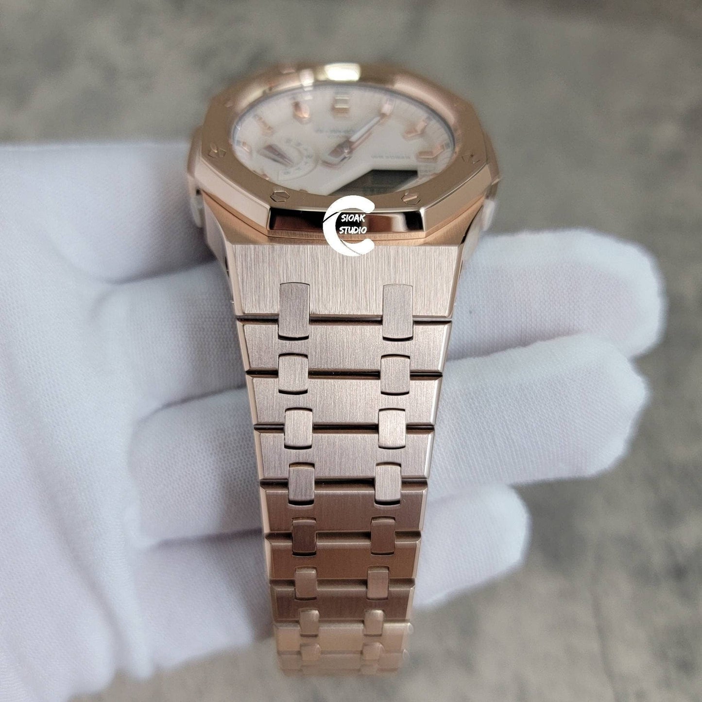 Casioak Mod Watch Rose Gold Case Metal Strap Beige Rose Gold Time Mark Beige Dial 42mm - Casioak Studio