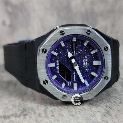 Casioak Mod Watch Silver Black Case Black Rubber Strap Purple Silver Time Mark Purple Dial 44mm - Casioak Studio