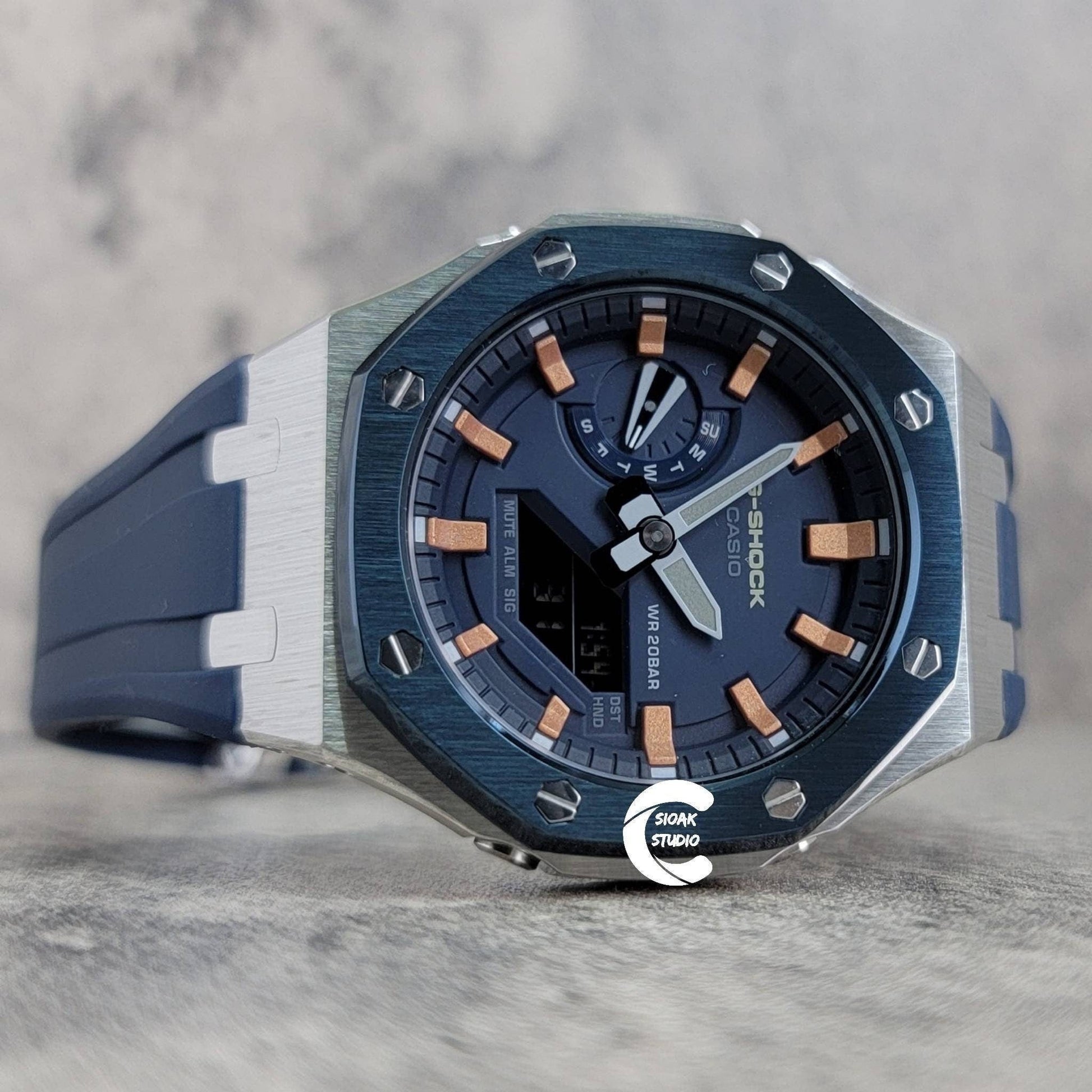 Casioak Mod Watch Blue Silver Case Blue Rubber Strap Blue Rose Gold Time Mark Blue Dial 44mm - Casioak Studio