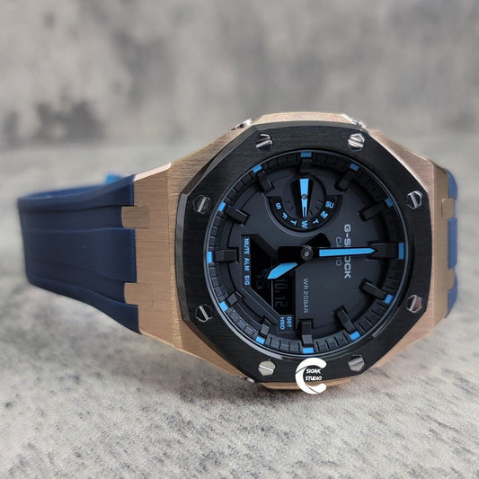 Casioak Mod Watch Black Rose Gold Case Blue Rubber Strap Black Time Mark Black Dial 44mm - Casioak Studio