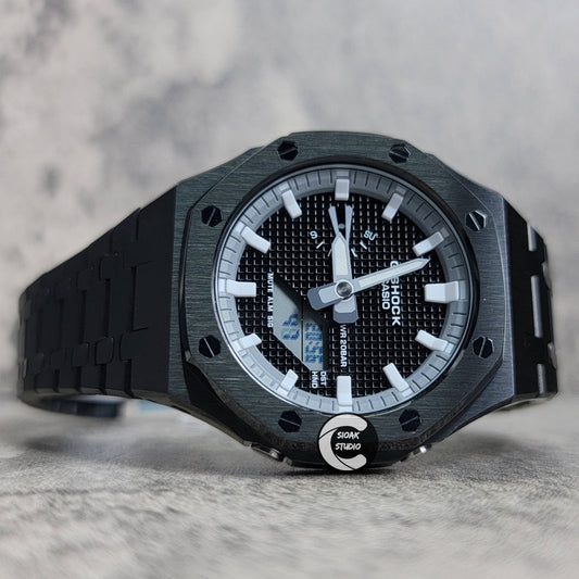 Casioak Mod Watch Black Case Metal Strap Gray White Time Mark Black Waffle Dial 44mm - Casioak Studio