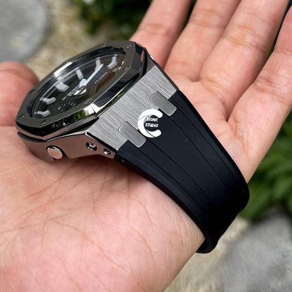 Casioak Mod Watch Gray Case Black Rubber Strap Black Light Gray Time Mark Black Dial 44mm - Casioak Studio